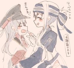 Rule 34 | 2girls, ainu clothes, bad id, bad twitter id, belt, blue hair, blush, breasts, brown gloves, dress, closed eyes, facial scar, gangut (kancolle), gloves, grey hair, hair between eyes, hair ornament, hairclip, hat, headband, itomugi-kun, jacket, jacket on shoulders, kamoi (kancolle), kantai collection, large breasts, long hair, looking at another, medium breasts, military, military uniform, multicolored hair, multiple girls, naval uniform, peaked cap, ponytail, red shirt, remodel (kantai collection), scar, scar on cheek, scar on face, shirt, simple background, translation request, uniform, wavy mouth, white hair, yuri