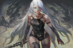 Rule 34 | android, armlet, black gloves, black shorts, blue eyes, cowboy shot, elbow gloves, friendhaircut, gloves, highres, holding, holding sword, holding weapon, joints, long hair, nier (series), nier:automata, pink lips, robot joints, short shorts, shorts, silver hair, sword, tank top, thigh gap, thighs, very long hair, weapon, a2 (nier:automata)