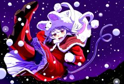 Rule 34 | 1girl, animal ears, boots, grey hair, highres, ishikkoro, mouse ears, mouse tail, nazrin, open mouth, pantyhose, red eyes, sack, santa costume, short hair, smile, snow, solo, tail, touhou