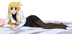 Rule 34 | 00s, 1girl, absurdres, bed, blonde hair, breasts, cleavage, dress shirt, fate testarossa, full body, highres, incredibly absurdres, large breasts, long hair, lying, lyrical nanoha, mahou shoujo lyrical nanoha, mahou shoujo lyrical nanoha strikers, okuda yasuhiro, open mouth, pantyhose, pencil skirt, pillow, red eyes, shirt, skirt, smile, transparent background, vector trace