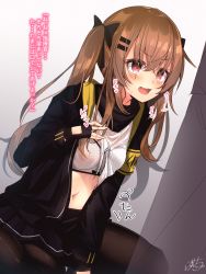 Rule 34 | 1girl, :d, armband, bad id, bad pixiv id, black bow, black gloves, black jacket, black pantyhose, black skirt, blush, bow, bow bra, bra, brown hair, clothes lift, commentary request, dress shirt, dutch angle, fang, fingerless gloves, girls&#039; frontline, gloves, hair between eyes, hair bow, hair ornament, hairclip, highres, jacket, lifted by self, long hair, navel, open clothes, open jacket, open mouth, pantyhose, pleated skirt, polka dot, polka dot bra, ramchi, red eyes, shirt, shirt lift, signature, sitting, skirt, smile, solo focus, translation request, twintails, ump9 (girls&#039; frontline), underwear, very long hair, wariza, white bra, white shirt