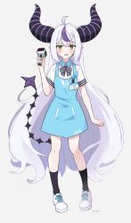 Rule 34 | 1girl, @ @, absurdres, ahoge, angel&#039;s 24 uniform (blue archive), apron, aqua apron, barcode scanner, black bow, black bowtie, black socks, blue apron, blue archive, bow, bowtie, braid, braided bangs, commentary, demon girl, demon horns, demon tail, english commentary, fang, full body, grey hair, highres, holding scanner, hololive, horns, id card, la+ darknesss, long hair, looking at viewer, magui3, multicolored hair, open mouth, pointy ears, purple hair, purple horns, shirt, shoes, short sleeves, simple background, socks, solo, standing, streaked hair, striped bow, striped bowtie, striped clothes, striped horns, tail, very long hair, virtual youtuber, white background, white footwear, white shirt, yellow eyes