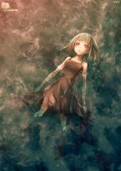 Rule 34 | 1girl, :o, afloat, bad id, bad pixiv id, barefoot, dress, floating, green hair, highres, kimera, original, red eyes, solo, submerged, sundress, water, wet, wet clothes