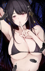 Rule 34 | 1girl, asymmetrical horns, bikini, black bikini, black feathers, black hair, blush, breasts, cleavage, demon horns, feathers, finger to mouth, highres, hololive, hololive english, horns, large breasts, long hair, looking at viewer, mole, mole under eye, navel, nerissa ravencroft, red eyes, sak1 01, solo, swimsuit, very long hair, virtual youtuber