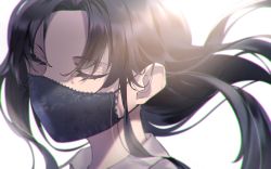 Rule 34 | 1girl, absurdres, black hair, black mask, blurry, chromatic aberration, closed eyes, commentary request, covered mouth, depth of field, eyes visible through hair, film grain, floating hair, floral print, highres, huge filesize, long hair, mask, mouth mask, oekaki taro, original, portrait, print mask, solo, white background, wing collar