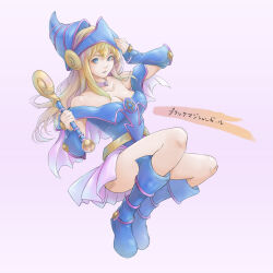Rule 34 | 1girl, arm guards, blonde hair, blue dress, blue eyes, blue footwear, boots, breasts, character name, cleavage, closed mouth, collarbone, dark magician girl, dress, duel monster, full body, hat, highres, holding, holding wand, large breasts, long hair, looking at viewer, n.akabae, off shoulder, pink background, solo, wand, witch, witch hat, yu-gi-oh!
