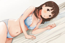 Rule 34 | 1girl, :o, arm support, bad id, bad pixiv id, bed sheet, blue bra, blue panties, blush, bow, bow bra, bra, breasts, cleavage, commentary, dutch angle, embroidered bra, embroidered panties, floral print, highres, long hair, looking at viewer, lying, medium breasts, navel, on bed, on side, open mouth, original, panties, ri (20170103), shadow, skindentation, solo, thighs, underwear, underwear only