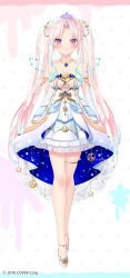 Rule 34 | 1girl, airani iofifteen, airani iofifteen (sci-fi princess), anklet, bare legs, blue hair, blush, breasts, brooch, crown, dress, glass slipper, gloves, hair ornament, hololive, hololive indonesia, jewelry, long hair, medium breasts, moon (ornament), multicolored hair, necklace, official alternate costume, official art, palette (object), pink hair, purple eyes, smile, solo, star (symbol), starry sky print, thigh strap, twintails, very long hair, virtual youtuber, white dress, white gloves, yano mitsuki (nanairo)