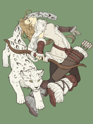 Rule 34 | 1girl, arm warmers, arrow (projectile), belt, boots, bow (weapon), braid, breasts, brown hair, capelet, dress, full body, fur boots, fur trim, green background, h&#039;aanit (octopath traveler), leopard, linde (octopath traveler), long hair, medium breasts, octopath traveler, octopath traveler i, pants, quiver, shikimiorange, simple background, snow leopard, weapon