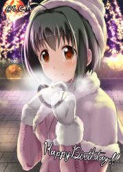 Rule 34 | 1girl, against glass, ahoge, beanie, black hair, blush, breasts, breath, bush, christmas lights, closed mouth, fourth wall, fur-trimmed headwear, fur-trimmed mittens, fur-trimmed shawl, fur trim, hair between eyes, hair intakes, happy birthday, hat, heart, idolmaster, idolmaster cinderella girls, kohinata miho, light particles, looking at viewer, mittens, moon, night, orange eyes, orange moon, outdoors, pink sweater, pom pom (clothes), sch, shawl, short hair, sidewalk, small breasts, smile, solo, steam, sweater, twitter username, upper body, white hat, white mittens, winter clothes