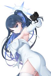 Rule 34 | 1girl, ass, bare shoulders, black hair, blue archive, blue eyes, breasts, commentary request, dress, earrings, gun, halo, highres, jewelry, koflif, large breasts, long hair, looking at viewer, ponytail, saori (blue archive), saori (dress) (blue archive), solo, weapon, white dress