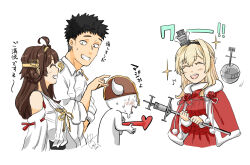 Rule 34 | 2boys, 2girls, admiral (kancolle), ahoge, black hairband, braid, brown hair, capelet, closed eyes, commentary request, crown, detached sleeves, double bun, dress, eighth note, flower, french braid, globus cruciger, grin, hair bun, hairband, headgear, japanese clothes, kantai collection, kongou (kancolle), long hair, mini crown, multiple boys, multiple girls, musical note, nontraditional miko, official alternate costume, open mouth, red capelet, red dress, red flower, red rose, ribbon-trimmed sleeves, ribbon trim, rose, scepter, simple background, smile, sparkle, spiked hair, teeth, translation request, upper teeth only, warspite (kancolle), white background, yamada rei (rou)