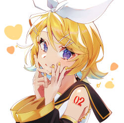Rule 34 | 1girl, absurdres, aqua hair, bare shoulders, blonde hair, blue eyes, bow, closed mouth, detached sleeves, from side, hair bow, hair ornament, hairclip, hands on own cheeks, hands on own face, heart, highres, inubangarou, kagamine rin, looking at viewer, medium hair, number tattoo, portrait, sailor collar, simple background, smile, solo, swept bangs, tattoo, upper body, vocaloid, white background, wide sleeves, yellow nails