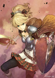 Rule 34 | 1girl, armor, artist name, black pantyhose, blonde hair, boots, breastplate, cape, closed mouth, green eyes, gwen (toukiden), hair ribbon, hidari (left side), holding, holding sword, holding weapon, looking at viewer, official art, pantyhose, plaid, plaid ribbon, plaid skirt, pleated skirt, ribbon, shield, skirt, solo, sword, toukiden 2, watermark, weapon