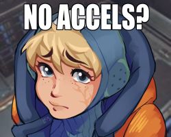 Rule 34 | 1girl, animification, apex legends, blonde hair, blue eyes, blue headwear, bodysuit, english text, facial scar, freckles, highres, hood, hooded bodysuit, hooded jacket, impact (font), jacket, lila (lilakeylk), looking at viewer, meme, no bitches? (meme), orange jacket, portrait, ribbed bodysuit, scar, scar on cheek, scar on face, solo, wattson (apex legends), worried