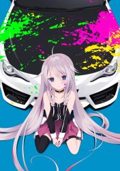 Rule 34 | 1girl, bare shoulders, between legs, black choker, blonde hair, blue background, blue eyes, boots, braid, car, choker, detached sleeves, expressionless, full body, gontyuu, hand between legs, highres, ia (rocks) (vocaloid), ia (vocaloid), long hair, looking at viewer, motor vehicle, multicolored hair, paint splatter, paint splatter on face, pink hair, pink skirt, pleated skirt, single thighhigh, sitting, skirt, solo, streaked hair, thigh strap, thighhighs, twin braids, two-tone hair, very long hair, vocaloid, wariza, white footwear