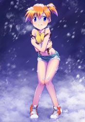 Rule 34 | 1girl, absurdres, asymmetrical hair, blue eyes, blush, breasts, cold, cowboy shot, creatures (company), denim, denim shorts, eyelashes, game freak, gen 1 pokemon, gym leader, hair between eyes, hair tie, highres, himehachi (hime8manga), holding, legs, looking at viewer, misty (pokemon), navel, nintendo, open mouth, orange hair, poke ball, pokemon, pokemon (anime), pokemon (classic anime), ponytail, shirt, shoes, short hair, short shorts, shorts, side ponytail, simple background, smile, sneakers, snow, solo, suspenders, tank top, yellow shirt, yellow tank top