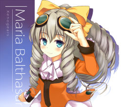 Rule 34 | 1girl, adjusting goggles, blue eyes, bow, brown hair, character name, copyright name, fuji kakei, goggles, goggles on head, hair bow, long hair, looking at viewer, maria balthasar, orange shirt, ponytail, ringlets, shirt, skirt, smile, solo, upper body, white skirt, xenogears, yellow bow
