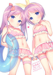 Rule 34 | 2girls, :o, bare arms, bare shoulders, bikini, bikini skirt, blue eyes, blush, bow, breasts, carrying, carrying under arm, closed mouth, commentary request, dated, hair bow, hair ribbon, hand up, happy birthday, heart, highres, hiiragi kagami, hiiragi tsukasa, holding hands, innertube, long hair, looking at viewer, lucky star, multiple girls, navel, parted lips, pink bikini, polka dot, polka dot bikini, purple hair, red bow, ribbon, short hair, siblings, simple background, sisters, small breasts, standing, swim ring, swimsuit, thigh strap, translation request, transparent, twins, twintails, usashiro mani, very long hair, white background, yellow ribbon
