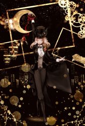 Rule 34 | 1girl, absurdres, arm up, black bow, black footwear, black hat, black legwear, blonde hair, bow, bowtie, closed eyes, corsage, crescent, demi bourbon, earrings, facing viewer, formal, frills, full body, gears, hat, highres, huge filesize, identity v, jewelry, long hair, mole, mole above mouth, night, pants, pouring, skyline, solo, standing, striped clothes, striped pants, suit, top hat, utsuginoki, vest, vial