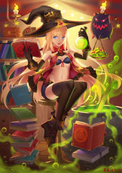 Rule 34 | 1girl, blonde hair, blue eyes, book, bra, breasts, candle, cauldron, elbow gloves, gloves, hat, highres, long hair, original, shui qian he kafei, small breasts, solo, thighhighs, underwear, witch hat
