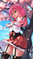 Rule 34 | 1girl, ahoge, alternate costume, black thighhighs, blush, cellphone, cherry blossoms, green eyes, hair ornament, hairclip, highres, holding, holding phone, hololive, no headwear, official alternate costume, open mouth, outdoors, petals, phone, pink hair, ringobatake, sakura miko, sakura miko (casual), skirt, smartphone, thick thighs, thighhighs, thighs, tree, virtual youtuber