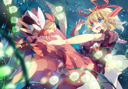 Rule 34 | 1girl, :d, blonde hair, blue eyes, dress, female focus, flower, flying, hair ribbon, lily of the valley, medicine melancholy, open mouth, outstretched arm, ribbon, short hair, smile, solo, su-san, touhou, wings, yayin (yayin233), | |