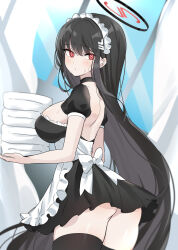 Rule 34 | 1girl, absurdres, apron, ash (cat7evy), ass, back, back bow, backless dress, backless outfit, black choker, black dress, black hair, black thighhighs, blue archive, blush, bow, bright pupils, choker, dress, hair ornament, hairclip, halo, highres, holding, holding towel, long hair, maid, maid apron, maid headdress, red eyes, rio (blue archive), solo, sweat, thighhighs, towel, very long hair, white pupils