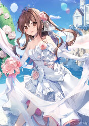 Rule 34 | 1girl, aomi maika, bare shoulders, blue sky, blush, bouquet, breasts, bride, brown eyes, brown hair, cleavage, cliff, cloud, collarbone, day, dress, dress flower, elbow gloves, floating hair, flower, gloves, hair between eyes, hair flower, hair ornament, highres, holding, holding bouquet, karory, long hair, looking at viewer, medium breasts, ocean, open mouth, original, outdoors, pink flower, pink rose, rose, sky, smile, solo, strapless, strapless dress, tiara, very long hair, wedding dress, white dress, wind