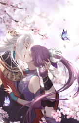 Rule 34 | 1boy, 1girl, absurdres, bug, butterfly, chi meng (hua jianghu zhi bei mo ting), closed eyes, falling petals, french kiss, hair ornament, hand on another&#039;s head, hetero, highres, hua jianghu chiyou zhuye, hua jianghu zhi bei mo ting, insect, kiss, long hair, petals, ponytail, purple hair, sidelocks, upper body, white background, white hair