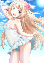 Rule 34 | 1girl, blonde hair, blue eyes, blue sky, casual one-piece swimsuit, cloud, commentary request, cowboy shot, flower, fuji (pixiv24804665), hair flower, hair ornament, highres, jervis (kancolle), kantai collection, long hair, one-piece swimsuit, open mouth, round teeth, skirt hold, sky, solo, standing, swimsuit, swimsuit skirt, teeth, upper teeth only, white one-piece swimsuit
