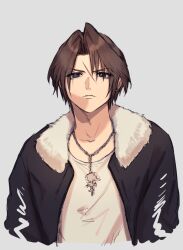 Rule 34 | 1boy, ah yoshimizu, black jacket, blue eyes, brown hair, cropped torso, earrings, final fantasy, final fantasy viii, fur-trimmed jacket, fur trim, grey background, head back, highres, jacket, jewelry, male focus, necklace, open clothes, open jacket, scar, scar on face, serious, shirt, short hair, simple background, solo, squall leonhart, stud earrings, upper body, white shirt