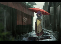 Rule 34 | 1girl, absurdres, alley, architecture, chromatic aberration, east asian architecture, fami (yellow skies), flower, hair flower, hair ornament, hakama, hakama skirt, has bad revision, has downscaled revision, hieda no akyuu, highres, japanese clothes, kimono, letterboxed, md5 mismatch, meiji schoolgirl uniform, oil-paper umbrella, purple eyes, purple hair, railing, resolution mismatch, sandals, skirt, solo, source smaller, touhou, umbrella, zouri