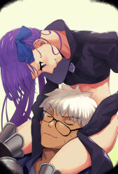 Rule 34 | 1boy, 1girl, absurdres, archer (fate), dark-skinned male, dark skin, fate/grand order, fate (series), glasses, head between thighs, highres, looking at another, meltryllis (fate), purple hair, reijgr (ff9999x), thighs, white hair