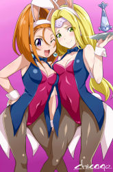 Rule 34 | 2girls, animal ears, barbara (dq6), black legwear, black neckwear, blonde hair, blue vest, blush, bow, bowtie, breasts, chicago-x, circlet, cleavage, closed mouth, dragon quest, dragon quest vi, earrings, fake animal ears, green eyes, highres, jewelry, large breasts, leotard, long hair, looking at viewer, low-tied long hair, mireyu, multiple girls, open mouth, pantyhose, playboy bunny, purple leotard, rabbit ears, rabbit tail, simple background, smile, strapless, strapless leotard, tail, vest, wrist cuffs
