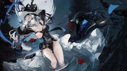Rule 34 | 1girl, arknights, black dress, breasts, cleavage, clothing cutout, covered navel, dress, geococcyx, hat, highres, long hair, long sleeves, nipples, omone hokoma agm, one breast out, partially submerged, pelvic curtain, red eyes, shoulder cutout, silver hair, specter (arknights), specter the unchained (arknights), thighs