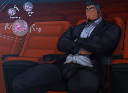 Rule 34 | 1boy, bara, black eyes, black hair, black suit, blush, bulge, crossed arms, facial hair, feet out of frame, formal, goatee, indoors, male focus, movie theater, muscular, muscular male, original, paid reward available, pectorals, paid reward available, shirt, short hair, sitting, solo, spiked hair, spread legs, suit, tarutoru, thick thighs, thighs, undercut, white shirt