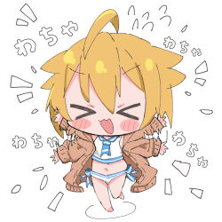 Rule 34 | &gt; &lt;, 1girl, :3, absurdres, afterimage, ahoge, arms up, barefoot, bikini, blonde hair, blue neckerchief, blue ribbon, blue sailor collar, blush stickers, brown cardigan, cardigan, chibi, closed eyes, commentary request, flying sweatdrops, full body, hair between eyes, hair flaps, highres, ibuki tsubasa, idolmaster, idolmaster million live!, legs, long sleeves, navel, neckerchief, nyan guru, open cardigan, open clothes, open mouth, outstretched arms, ribbon, sailor collar, sailor swimsuit (idolmaster), short hair, smile, solo, stomach, swimsuit, thighs, v-shaped eyebrows, white background, white bikini