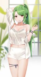 Rule 34 | 1girl, absurdres, ankle ribbon, azur lane, blouse, blurry, blurry background, breasts, cleavage, green hair, hair tie, highres, holding, holding hair, lace, lace-trimmed shirt, lace trim, leg ribbon, littorio (azur lane), littorio (lounging emerald) (azur lane), long hair, looking at viewer, medium breasts, midriff peek, mouth hold, multicolored hair, official alternate costume, open clothes, open shirt, ponytail, qing wu, red hair, ribbon, see-through, see-through shirt, shirt, shorts, sleepwear, solo, spaghetti strap, streaked hair, tank top, two-tone hair, tying hair, very long hair, white shirt, white shorts