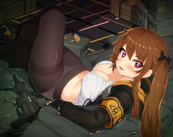 Rule 34 | + +, 1girl, bad id, bad pixiv id, black bow, black gloves, black pantyhose, blush, bow, breasts, brown hair, cleavage, fingerless gloves, girls&#039; frontline, gloves, gun, hair bow, large breasts, long hair, looking at viewer, lying, on back, pantyhose, parted lips, ratio (ratio-d), red eyes, smile, solo, twintails, ump9 (girls&#039; frontline), weapon