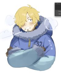 Rule 34 | 1boy, art program in frame, blonde hair, blue coat, blue eyes, blush, brown mittens, cigarette, clip studio paint, clip studio paint (medium), coat, cold, cropped torso, crossed arms, curly eyebrows, facial hair, goatee, grimace, hair over one eye, highres, male focus, mittens, mustache stubble, one piece, sanji (one piece), short hair, smoke, smoking, solo, stubble, tokoni fusu, white background, zipper pull tab