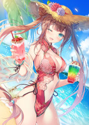 Rule 34 | 1girl, ;d, aqua eyes, bare shoulders, beach, breasts, brown hair, brown hat, center opening, chinese clothes, cleavage, cowboy shot, day, double bun, dutch angle, flower, hair bun, hat, hat flower, holding, large breasts, long hair, looking at viewer, miwabe sakura, navel, ocean, one-piece swimsuit, one eye closed, open mouth, original, outdoors, palm leaf, parfait, pelvic curtain, red one-piece swimsuit, see-through, sidelocks, smile, solo, stomach, straw hat, summer, sunlight, swimsuit, thighs, tropical drink, twintails, very long hair