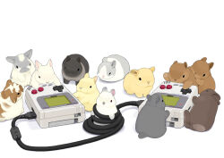 Rule 34 | animal focus, black rabbit (animal), brown rabbit, cable, game boy, game boy (original), handheld game console, lilac (p-f easy), lying, no humans, on back, original, rabbit, simple background, white background, white rabbit (animal), wire