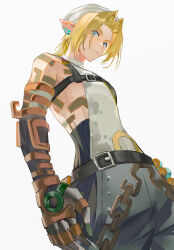 Rule 34 | 1boy, armor, bare shoulders, black skin, blonde hair, blue eyes, chain, closed mouth, colored skin, cowboy shot, dutch angle, earrings, from below, gradient skin, green nails, grey pants, harness, headdress, highres, jewelry, leather armor, light smile, link, looking at viewer, looking down, male focus, multicolored skin, multiple earrings, nintendo, o-ring, pants, parted bangs, pointy ears, px2011, shirt, simple background, sleeveless, solo, the legend of zelda, the legend of zelda: tears of the kingdom, tight clothes, tight shirt, white background, white headwear, white shirt