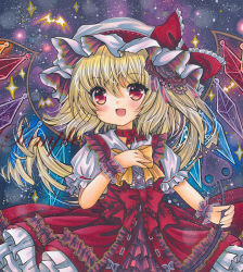 Rule 34 | 1girl, :d, adapted costume, bat (animal), beads, blonde hair, blush, bow, bowtie, choker, commentary, cowboy shot, cross-laced clothes, crystal, dress, fang, flandre scarlet, flower, frilled bow, frilled dress, frilled sleeves, frills, hair between eyes, hair flower, hair ornament, hat, hat bow, holding, laevatein, light particles, lolita fashion, long hair, looking at viewer, marker (medium), mob cap, one side up, open mouth, petticoat, pinafore dress, puffy short sleeves, puffy sleeves, purple flower, purple rose, red bow, red dress, red eyes, ribbon choker, rose, rui (sugar3), sample watermark, shirt, short sleeves, sleeveless, sleeveless dress, smile, solo, sparkle, touhou, traditional media, watermark, white shirt, wings, wrist cuffs, yellow bow, yellow bowtie