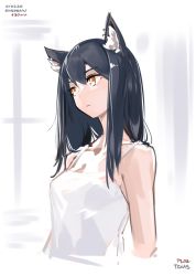 Rule 34 | 1girl, animal ear fluff, animal ears, arknights, bare shoulders, black hair, breasts, camisole, closed mouth, cropped torso, dated, deel (rkeg), expressionless, highres, long hair, looking away, medium breasts, one-hour drawing challenge, orange eyes, shirt, sleeveless, sleeveless shirt, solo, spaghetti strap, texas (arknights), white shirt, wolf ears