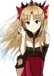 Rule 34 | 1girl, asymmetrical sleeves, between breasts, black choker, black leotard, black sleeves, blonde hair, bow, breasts, choker, cleavage, closed mouth, commentary request, detached sleeves, diadem, earrings, ereshkigal (fate), fate/grand order, fate (series), floating hair, gradient hair, hair bow, hand in own hair, highres, holding, jewelry, k3rd, leaning forward, leotard, long hair, looking at viewer, multicolored hair, red bow, red eyes, simple background, single sleeve, sketch, small breasts, smile, solo, standing, strapless, strapless leotard, twintails, uneven sleeves, very long hair, white background