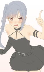 Rule 34 | 1girl, armband, asymmetrical gloves, belt, black armband, black belt, black choker, black dress, black gloves, blush, breasts, choker, collarbone, commentary request, cosplay, cowboy shot, dress, elbow gloves, from above, gloves, grey hair, hand up, highres, kantai collection, kasumi (kancolle), long hair, looking at viewer, open mouth, pointing, red eyes, sakieko, short dress, side ponytail, simple background, single sidelock, small breasts, solo, standing, strapless, strapless dress, sweat, thighs, ubel (sousou no frieren), ubel (sousou no frieren) (cosplay), white background