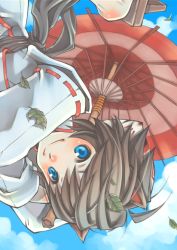 Rule 34 | 1girl, blue eyes, japanese clothes, leaf, oil-paper umbrella, original, shabon, solo, umbrella, umbrella riding