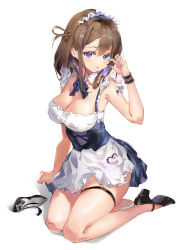 Rule 34 | 1girl, absurdres, apron, barefoot, black footwear, blue bow, blue bowtie, blue dress, blue eyes, blue nails, blush, bow, bowtie, breasts, brown hair, cleavage, daqi sama, detached collar, dress, frilled apron, frills, full body, hair between eyes, hand up, heart, high heels, highres, kneeling, long hair, looking at viewer, maid headdress, medium breasts, nail polish, no legwear, original, shadow, shoes, simple background, single shoe, solo, thigh strap, two-tone dress, underbust, waist apron, white background, white dress